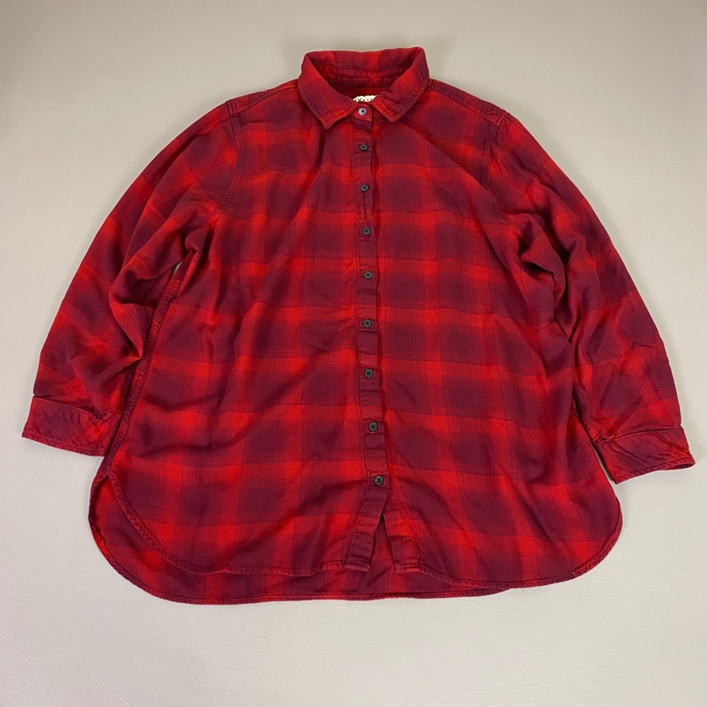 AVA & VIV Flannel Tunic Shirt Women's 1X Red Plaid Long Sleeve Rayon Curvy *FLAW